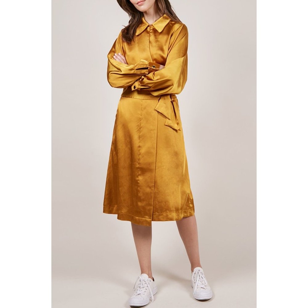 FRNCH Paris Amena Satin Robe Dress in Ocre Yellow Small New Nwt Women's cocktail